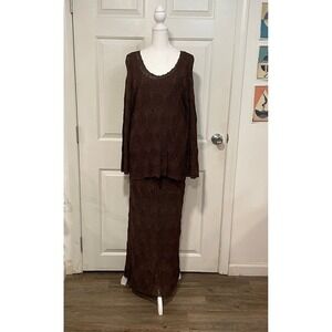 Easy Spirit Crochet Open Knit Brown‎ Skirt Top Set Lined Rayon Maxi 2 XS S Boho
